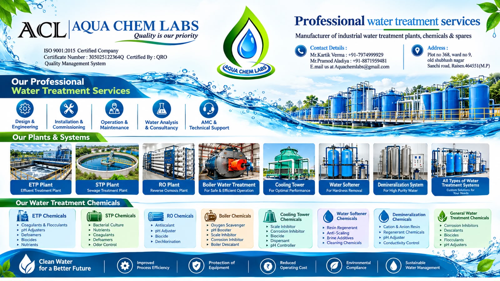 Aqua Chem Labs services overview: ETP, STP, RO, boiler, cooling tower, softener and DM plants plus water treatment chemicals